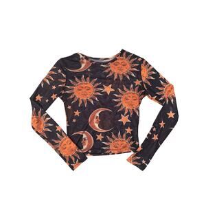 Retro Mystical Dark Navy and Orange Sun Sheer Long Sleeve Crop Top - Size S